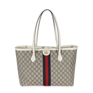 Gucci Beige GG Supreme White Leather Medium Ophidia Tote